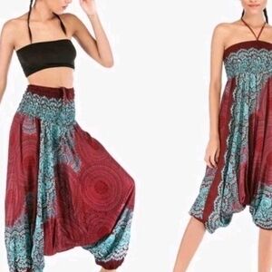 Boho Multicolor Harem Pants L Burgundy Aqua Festival Vibes